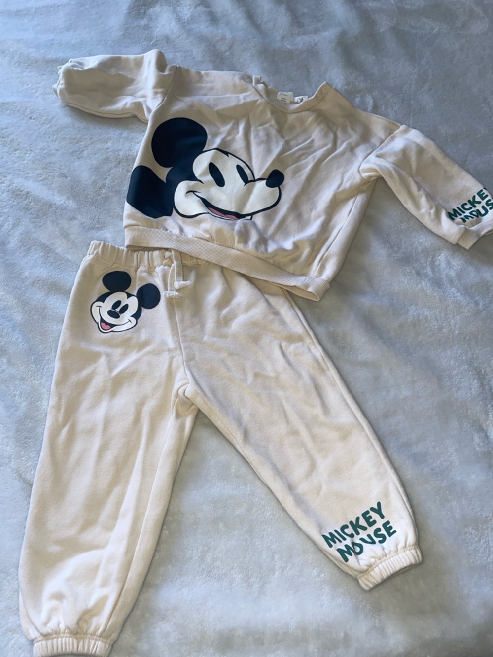 H&M Cream Mickey Mouse Kids Matching Set with Black and Teal Graphics